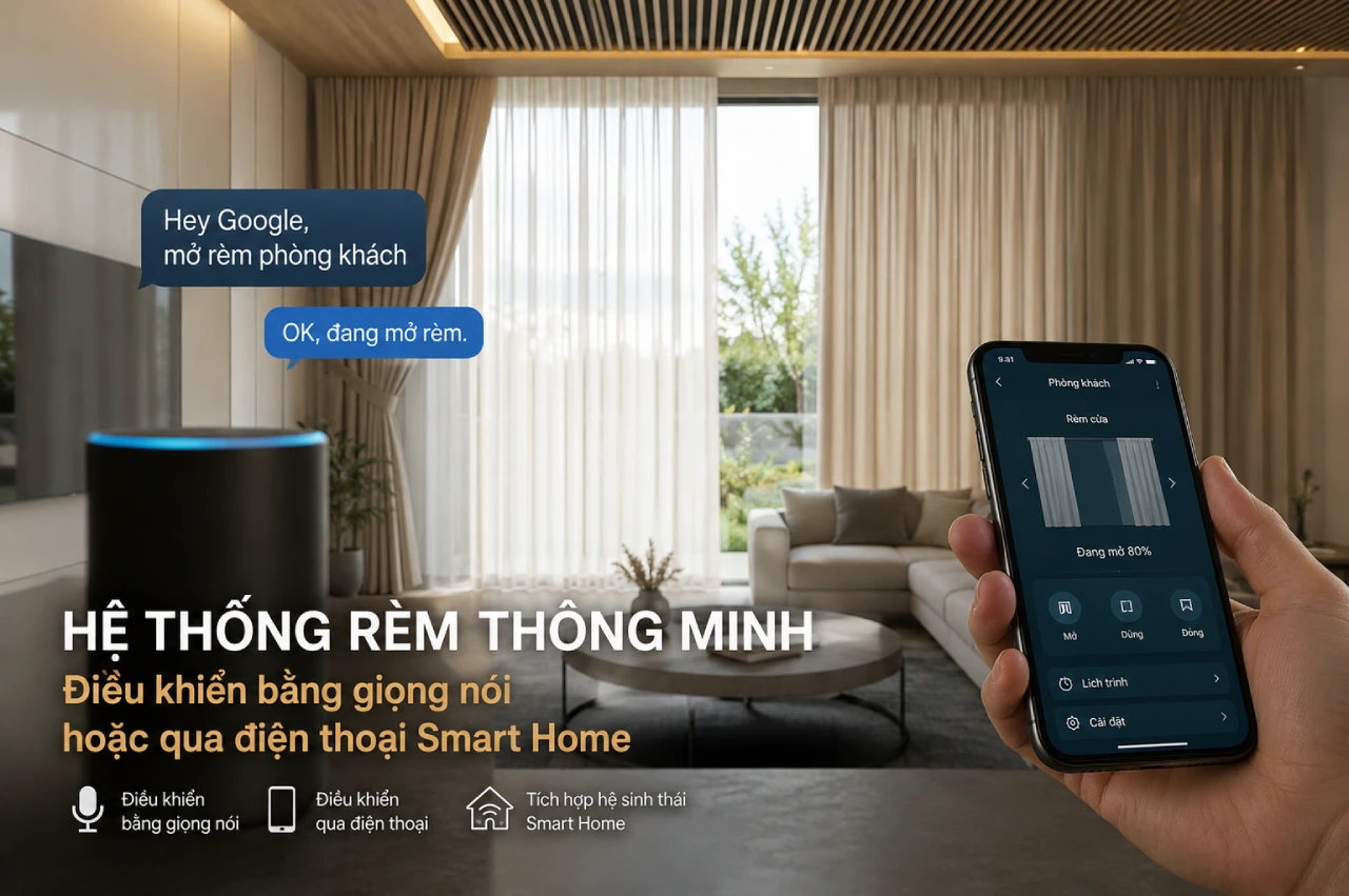 Hệ thống rèm thông minh tích hợp điều khiển bằng giọng nói hoặc qua điện thoại Smart Home dd