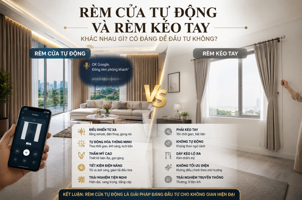 Rèm cửa tự động và rèm kéo tay khác nhau gì Có đáng để đầu tư không dd