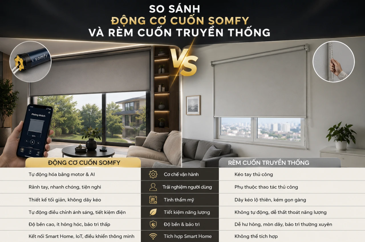 So Sánh Động Cơ Cuốn Somfy Và Rèm Cuốn Truyền Thống