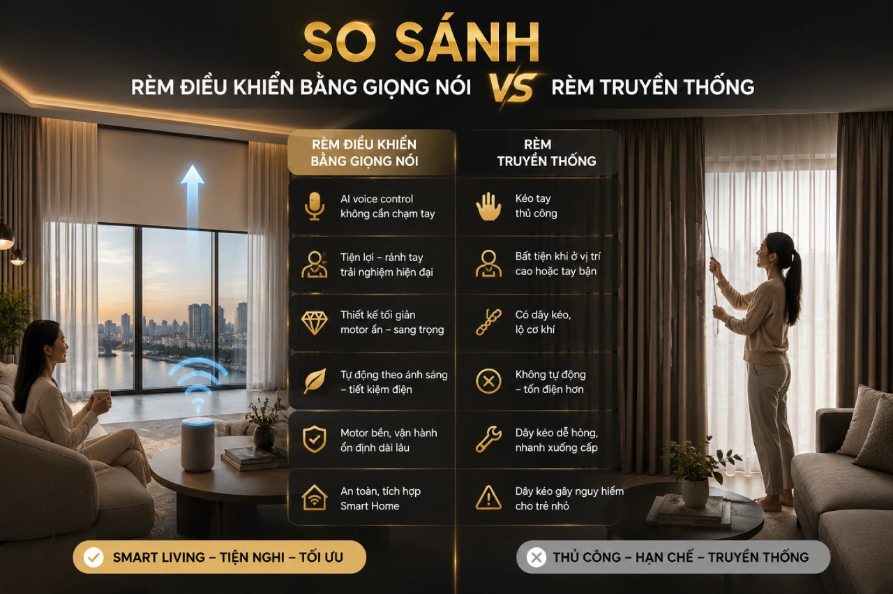 So Sánh Rèm Điều Khiển Bằng Giọng Nói Và Rèm Truyền Thống